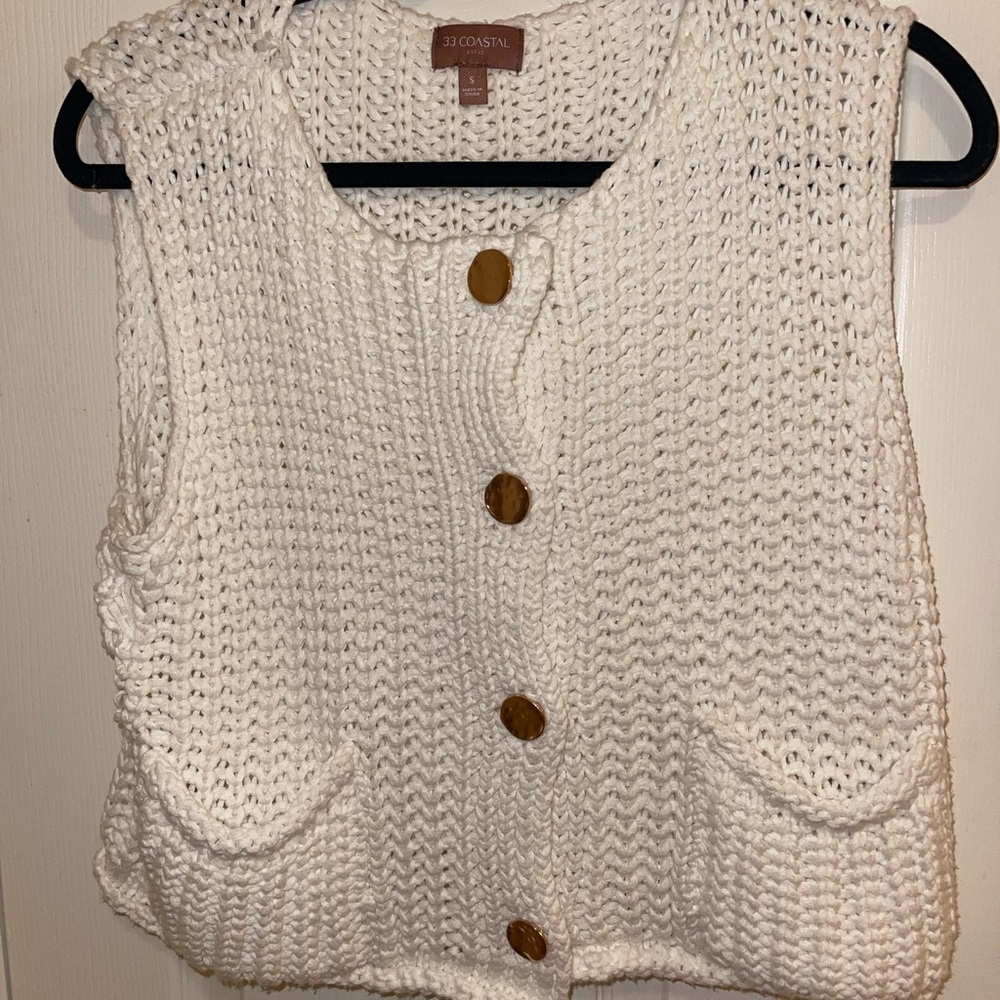 33 Coastal Open-Knit Cream Button Front Sweater Vest